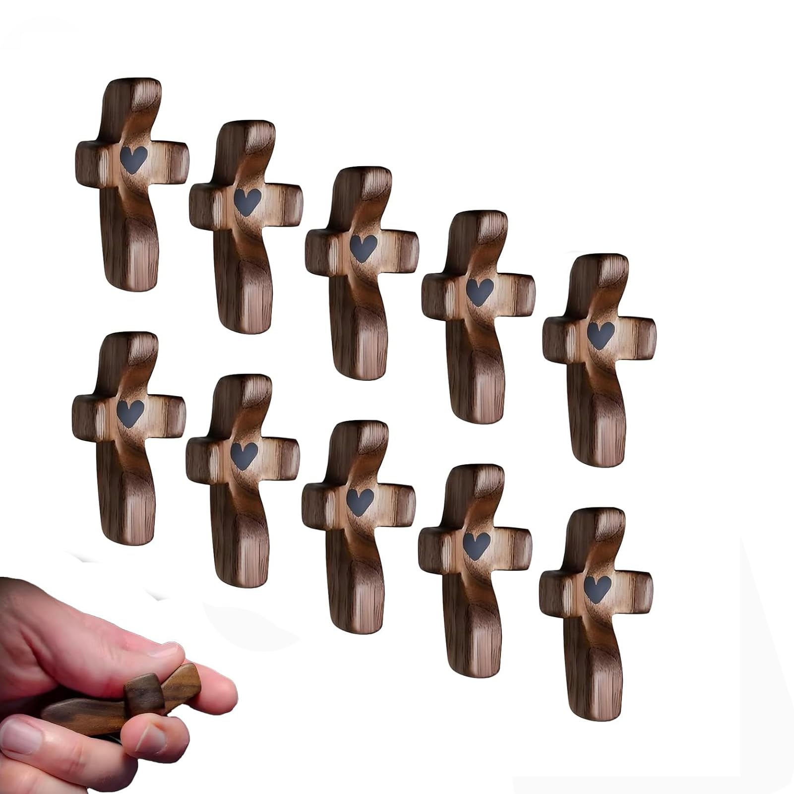 Yunjuhop Wooden Cross Fidget,Cross My Heart from The Holy Land,Jesus Wooden Pocket C-r-o-s-s Love Heart Stress Relief Gifts Thumb Holding C-r-o-s-s Awesome Christian Easter Gifts (Black 10pcs)