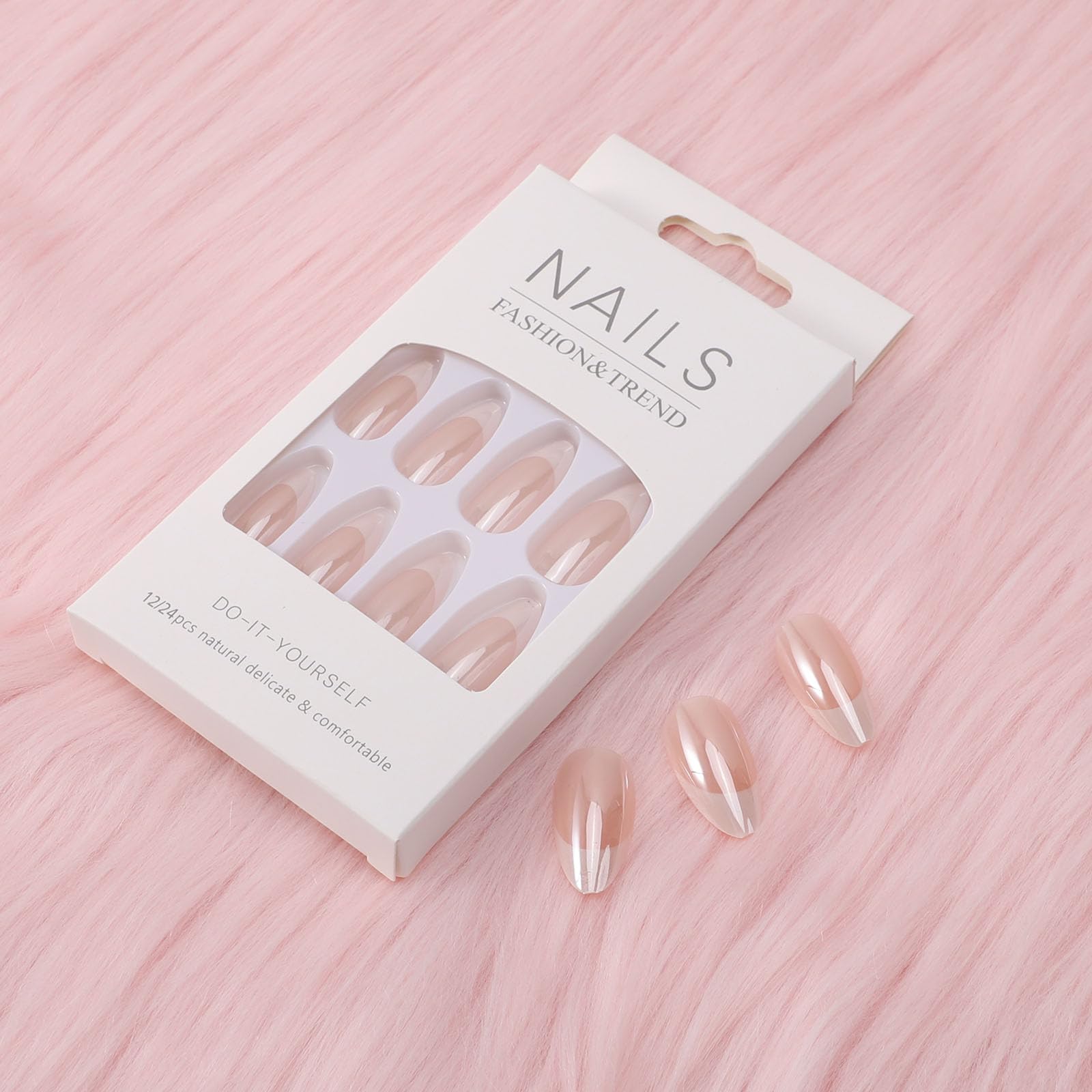 24PCS Press On Nails, Mirror Metal Stiletto Fake Nails, Almond Medium Shape, Stick on Nails, Glue on Nails False Nails (Aurora White Tip) - Image 4