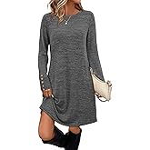 OFEEFAN Long Sleeve Dress for Women Crew Neck Tunic Dress with Pockets Decorative Buttons