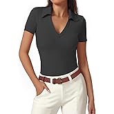 joyliveCY Polo Shirts for Women, Short Sleeve Business Casual Tops, V Neck Polo Collared Work Shirts, Ribbed Fitted Shirts
