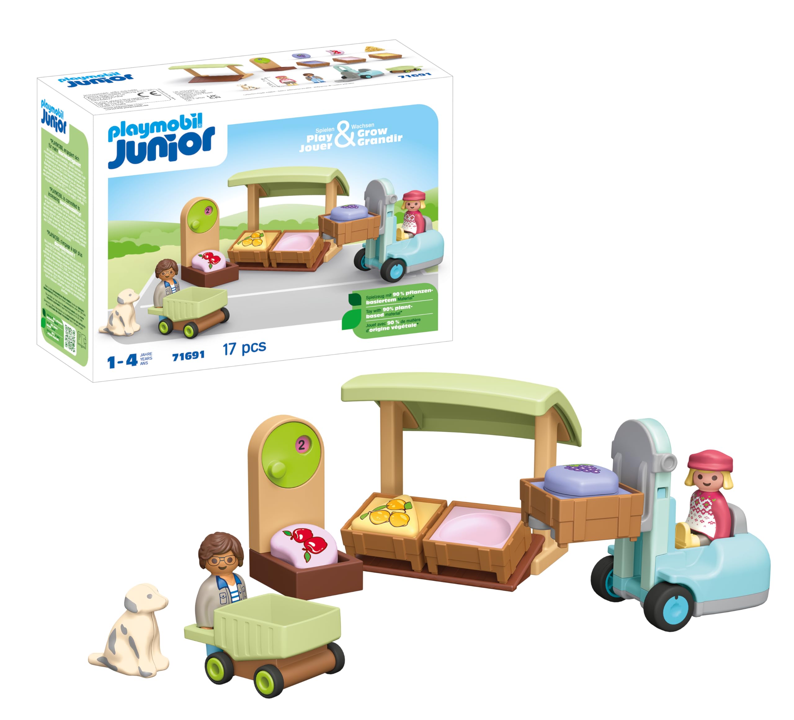 Playmobil 71691 JUNIOR: Organic Market Stall and Forklift, educational toy, made from over 90% plant-based plastics, fun imaginative role-play, playset suitable for children ages 1+