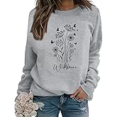 Bobeutou Flower Graphic Sweatshirt for Women 80s Vintage Minimalistic Floral Printed Long Sleeves Shirt Loose Pullovers Tops