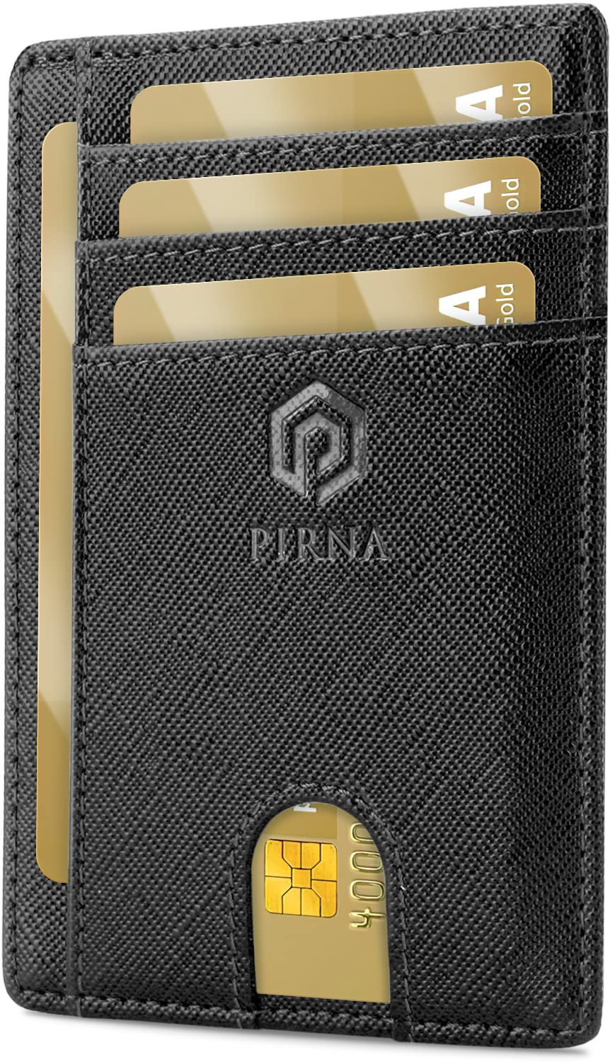 PIRNA Slim Wallet for Men | RFID Blocking Minimalist Credit Card Holder โ Thin Card Wallet with Small Money Pocket & Gift Box for Men's in UK, Slim Mens Wallets UK (Black Saffiano Wallet) โ image 1