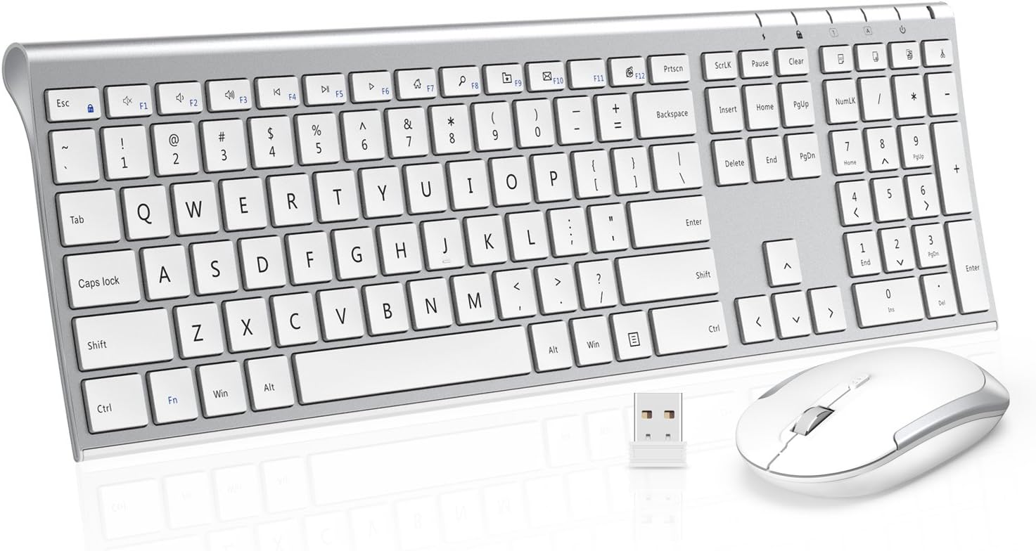 Wireless Keyboard Mouse, Jelly Comb 2.4GHz Ultra Slim Full Size Rechargeable Wireless Keyboard and Mouse Combo for Windows, Laptop, Notebook, PC, Desktop, Computer (White and Silver)