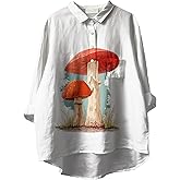 BIVENANT Womens Boho Floral Shirts 3/4 Sleeve Blouses Button Funny Mushroom Graphic Plus Size V Neck Tunic Tops Clothes