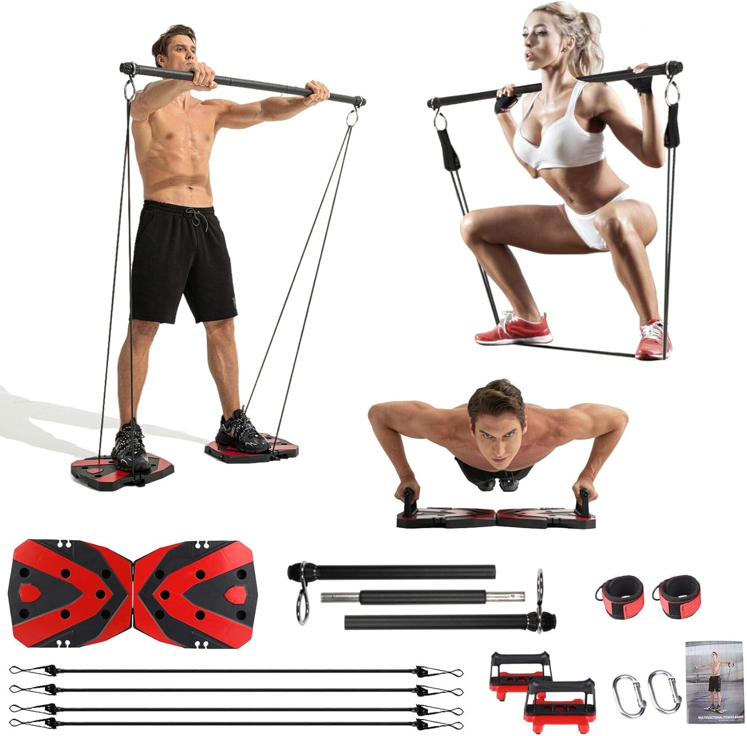 Portable Home Gym Workout Equipment with 12 Exercise Accessories Including Heavy Resistance Bands, Abs Workout, Push-up Stand, Tricep Bar, Pilates Bar and More for Full Body Workouts System Men Women : Sports & Outdoors