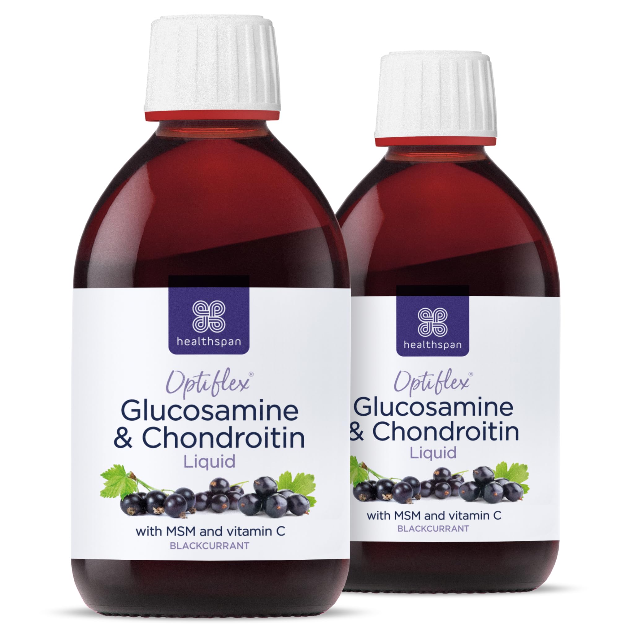 Healthspan Optiflex Glucosamine & Chondroitin Liquid (2x300ml) | Cartilage Health & Collagen Formation | 1,000mg Optiflex Glucosamine HCl Per Serving | Blackcurrant Flavour | Shellfish & Gelatin Free