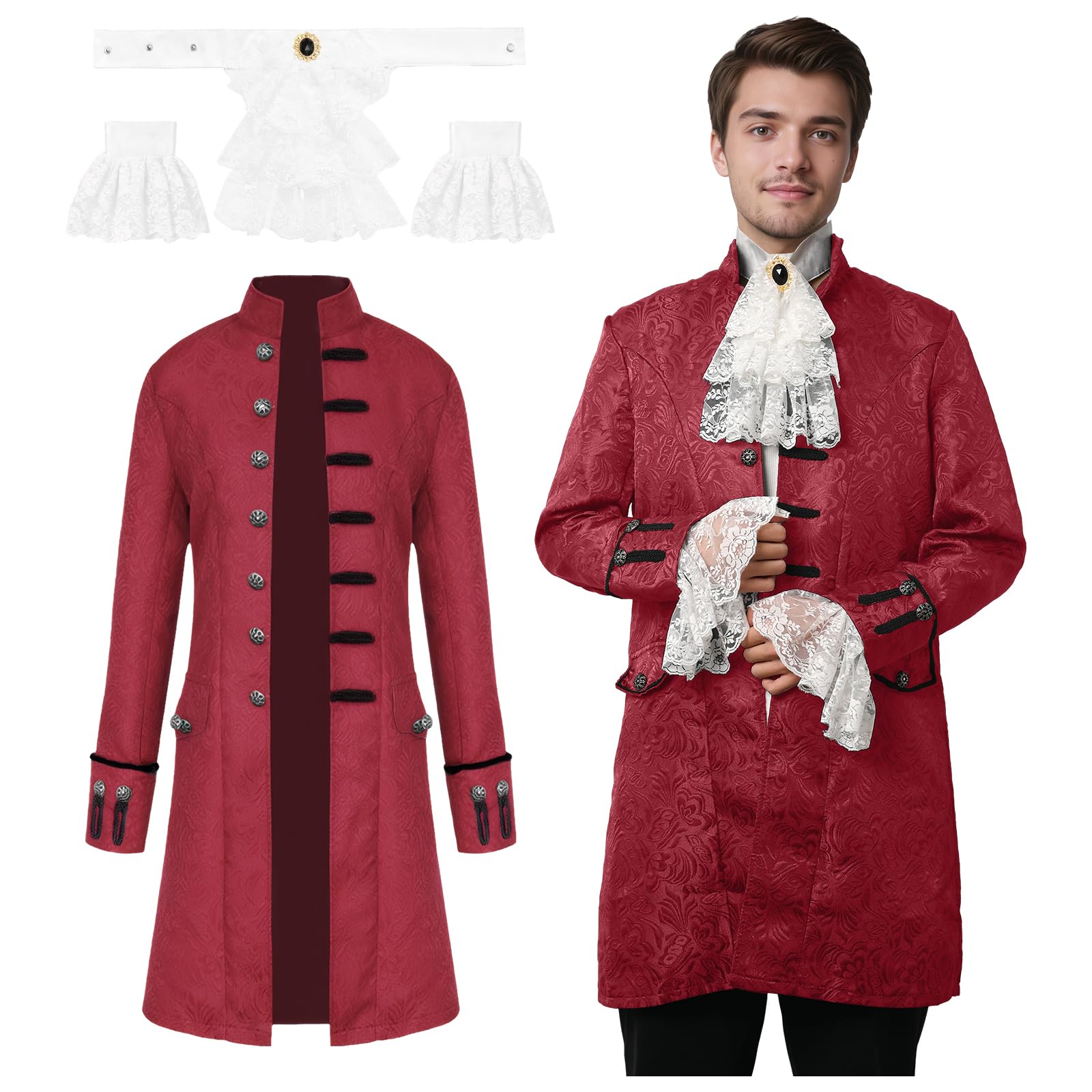 JDFAIJEAL Men's Steampunk Vintage Gothic Tailcoat,Medieval Victorian Frock Coat Renaissance Jacket,Carnival Halloween Cosplay Uniform Costume (Red, XXL)