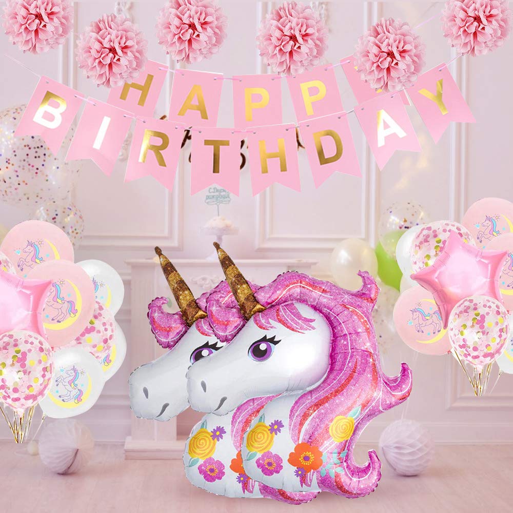 Palloncino Unicorno Decorazioni per Feste per Bambini Enormi Palloncini Lamina 3D,Happy Birthday Buon Compleanno Ballon Banner, Palloncini di Macaron in Lattice,Pompa ad Aria,Totale 29pcs