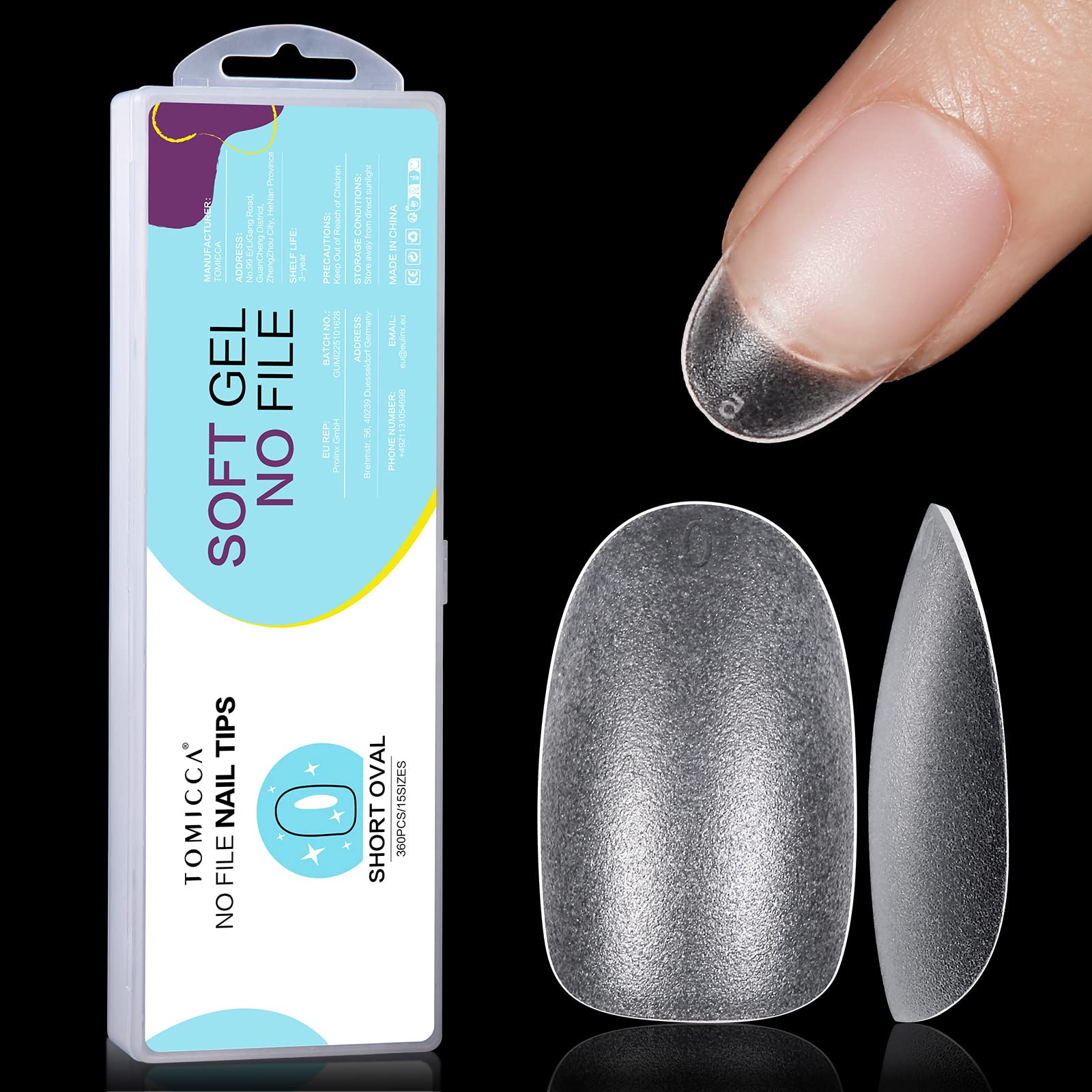 TOMICCA Short Oval Nail Tips - 360pcs No File Soft Gel Nail Tips, Matte Full Cover Tips for Acrylic & Soak Off Extensions, 15 Sizes Salon & Home DIY Kit