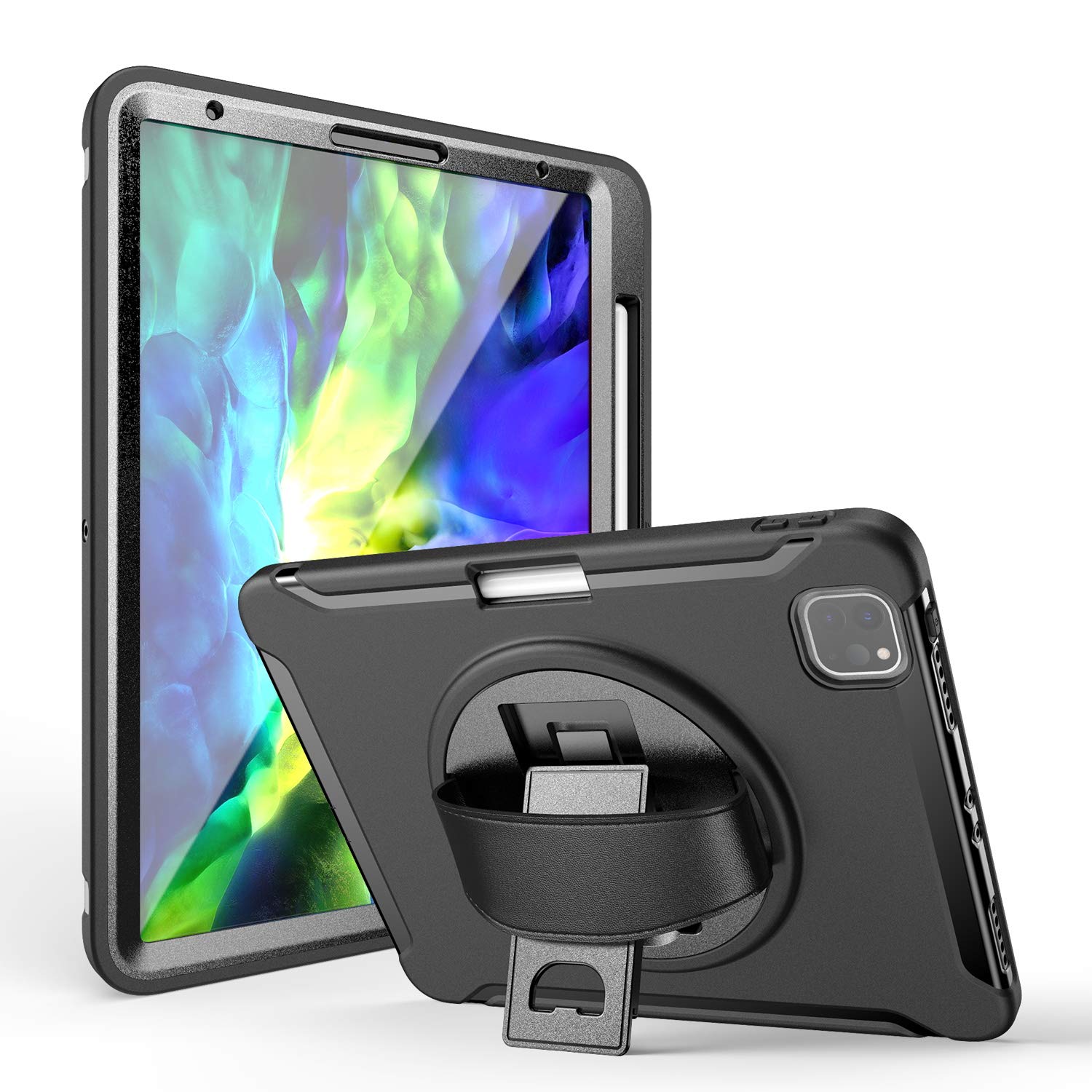 MadeRy Shockproof Rugged Case for iPad Air 4 10.9" 2020 / iPad Pro 11 2021/2020 / 2018, Full-body Protective Case Cover with Stand & Hand Strap & Pencil Holder. (Black)