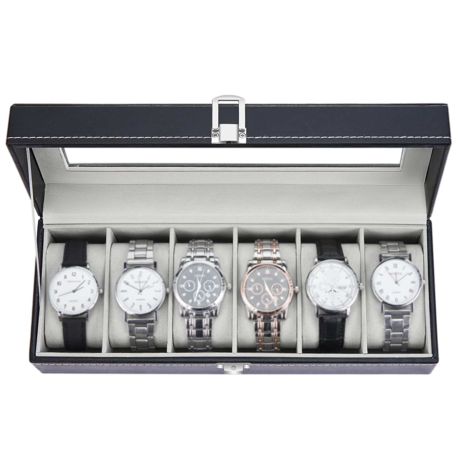 Ohuhu Watch Box with 6 Slots, Watch Case with Glass Lid, Watch Holder with Removable Velvet Pillows, PU Leather, Metal Clasp, Gift Idea for Birthday Valentine's Day