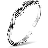 Irideket Handmade 925 Sterling Silver Vintage Bangle with Wood Grain Design for Women,Twisted Silver Carving Open Cuff Bangle Bracelet, Adjustable Open Retro Jewelry Gift for Women Mom Mothers Day