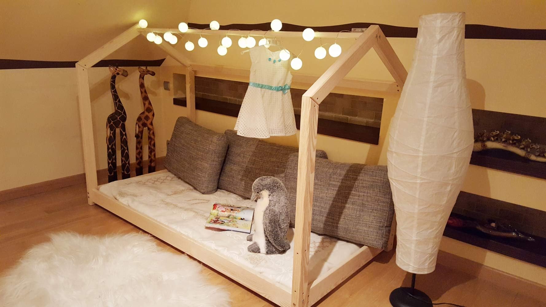 House Bed Bella Bed Frame Bed Bedroom Furniture Bed Premium Wood Kid's Wooden House Tent Toddler (120 x 200 cm, Natural Wood)