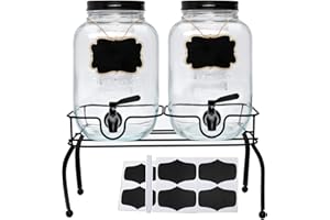 1-Gallon Drink Dispenser,Accguan Glass Water Dispenser with Black Tin Lid and Black Stainless steel faucet,Black Iron Frame,Mason Drink Dispenser for Parties, Picnics, Barbecues and Daily,2 pack