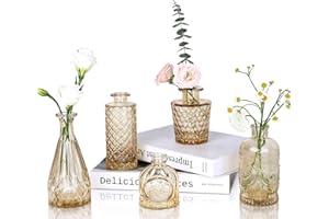UPBUD Amber Glass Bud Vases Set of 5, Gold Flower Vase for Centerpieces, Small Clear Vases in Bulk for Wedding Decorations, Vintage Vase for Table, Recepetion, Home Décor