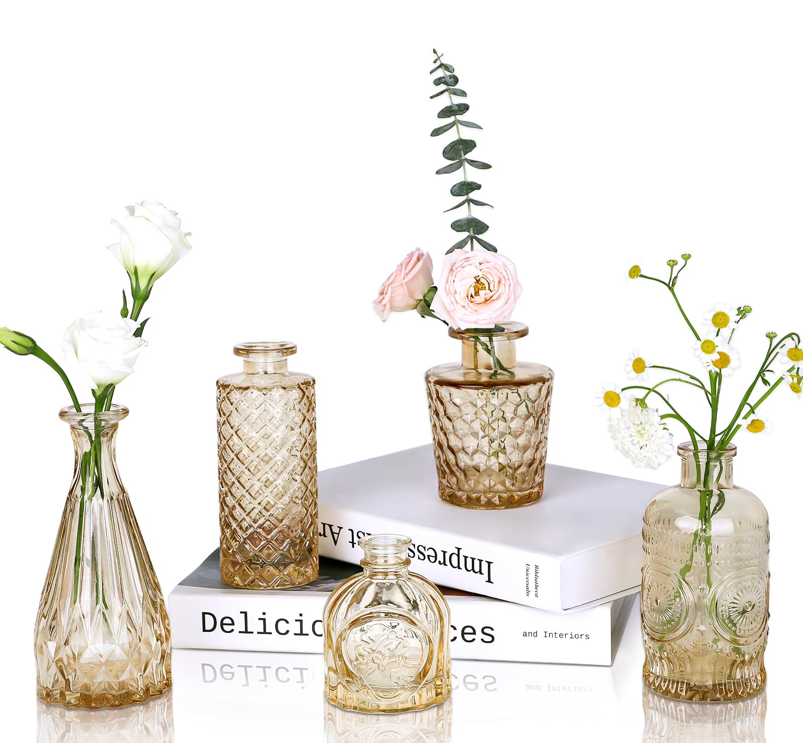Photo 1 of UPBUD Amber Glass Bud Vases Set of 5, Gold Flower Vase for Centerpieces, Small Clear Vases in Bulk for Wedding Decorations, Vintage Vase for Table, Recepetion, Home Décor