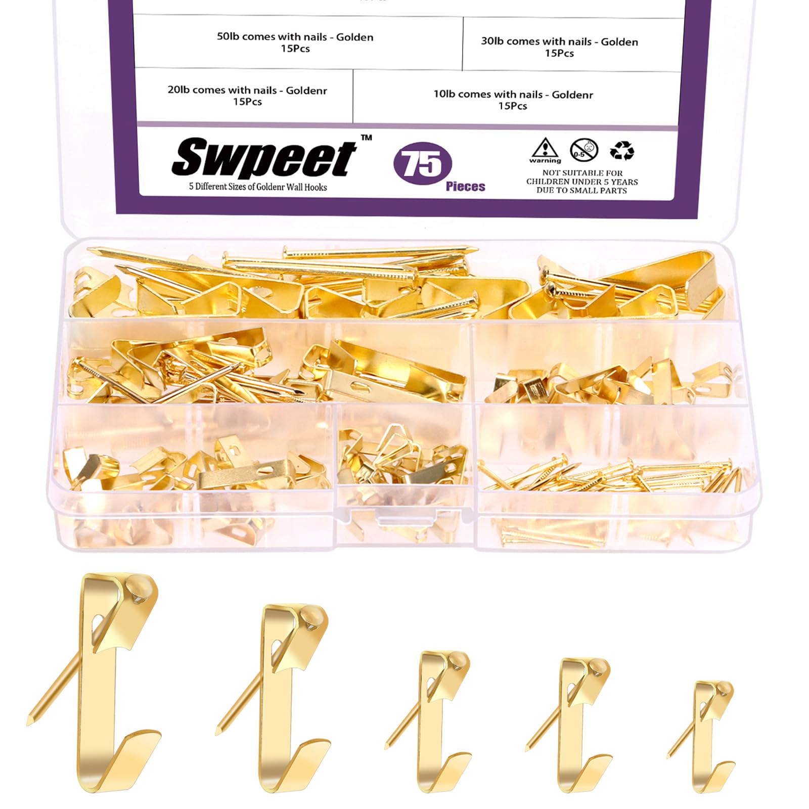 Swpeet 75Pcs 5 Sizes 10lb/20lb/30lb/50lb/100lb Golden Picture Hangers with Nails Assortment Kit, Metal Picture Hanging Hooks, Heavy Duty Frame Picture Hooks, Picture Hanging Hardware for Drywall