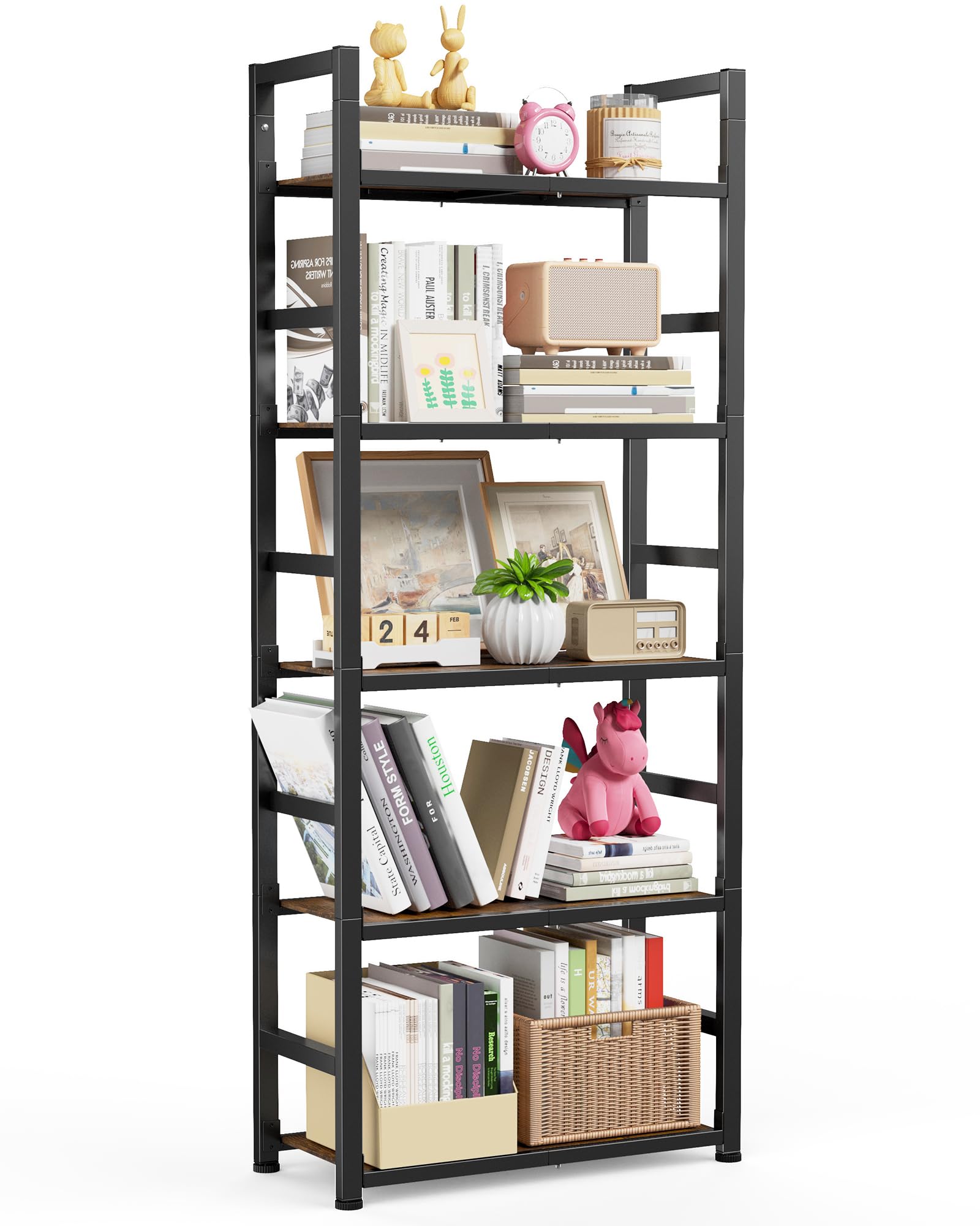Photo 1 of Sakugi Book Shelf - 5-Tier Space-Saving Bookcase with Sidebars & Leveling Feet, Rustproof Storage Shelves for Home Office, Living Room, Kitchen, 23.6" x 10.6" x 58", Brown
