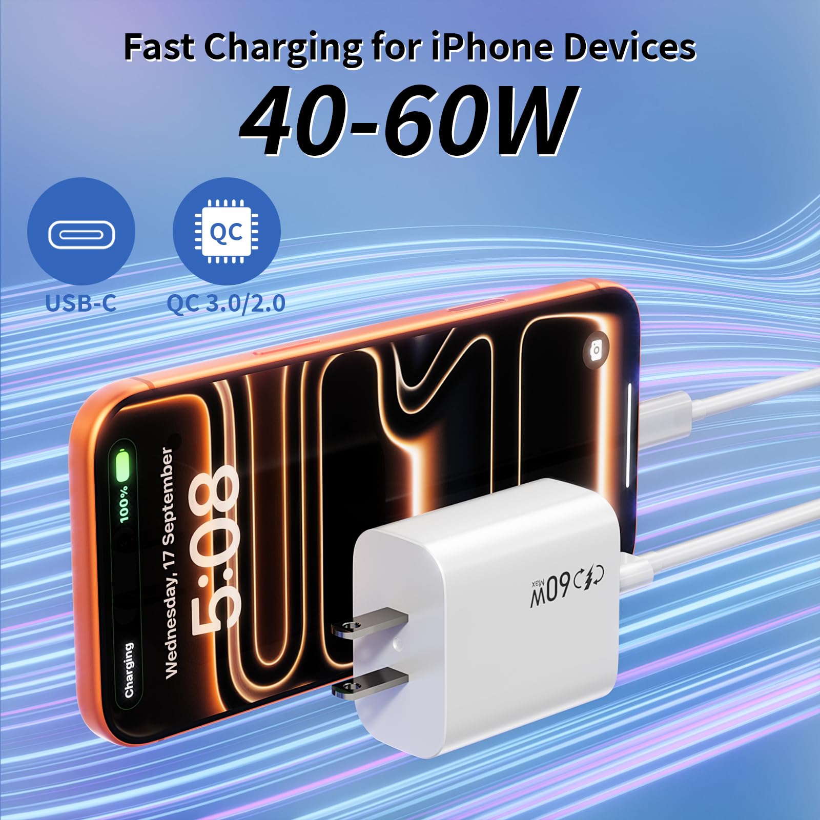 Condition photo showing New/Like New for [apple mfi certified]apple iphone 17e 16 15 charger block,2pack 40-60w usb c charging plug power adapter usb c block quick charging for iphone 17 air/17 pro max/16e/16 pro/15 pro max/14/13/12/11/ipad