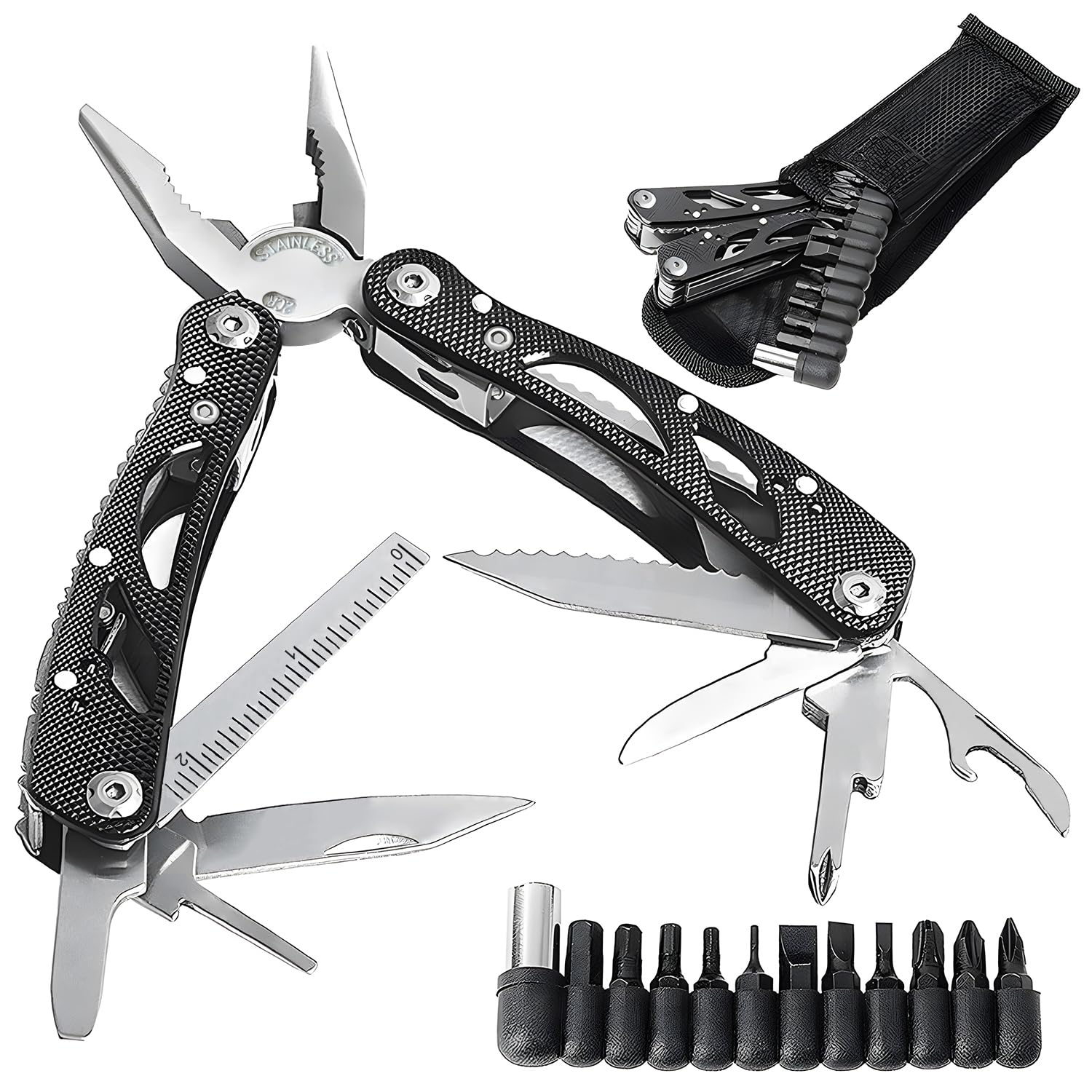 24-in-1 Stainless Steel Multi Tool Pliers with Screwdriver Bit Set, Foldable Pocket Multi-Tool for Camping, Hiking, DIY & Home Repair, Portable Tool with Nylon Pouch (Black)