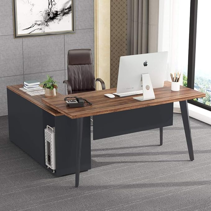 Amazon Com Tribesigns L Shaped Desk With Cabinet Large Computer Office Desk Table With Drawer And Storage Shelves Business Furniture With File Cabinet Combo Vintage Finish Geay Stainless Steel Legs Kitchen