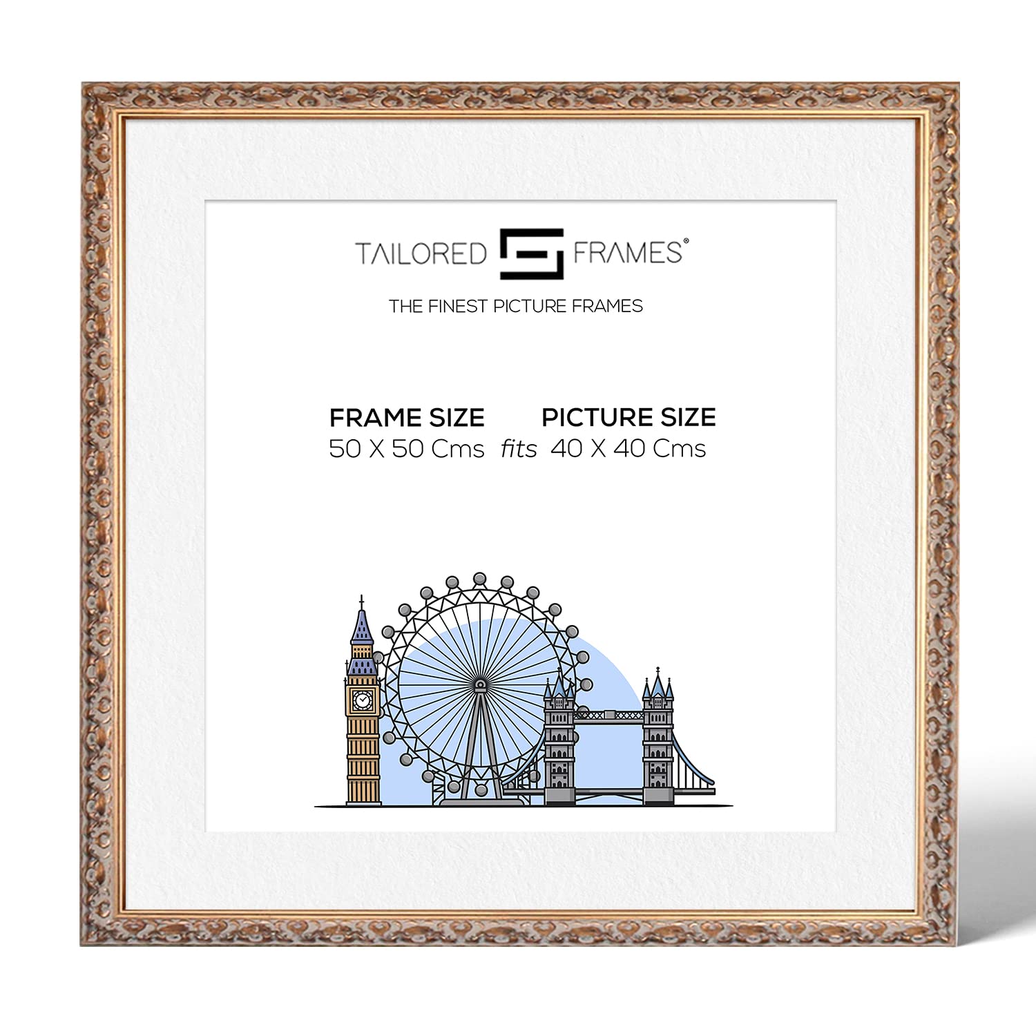 Tailored Frames Vienna Gold 50 x 50 Cm Frame for 40 x 40 Cm Picture | Rustic Style Vintage Single Picture Frame | Wall Hanging Type | Photo Frame with White Mount