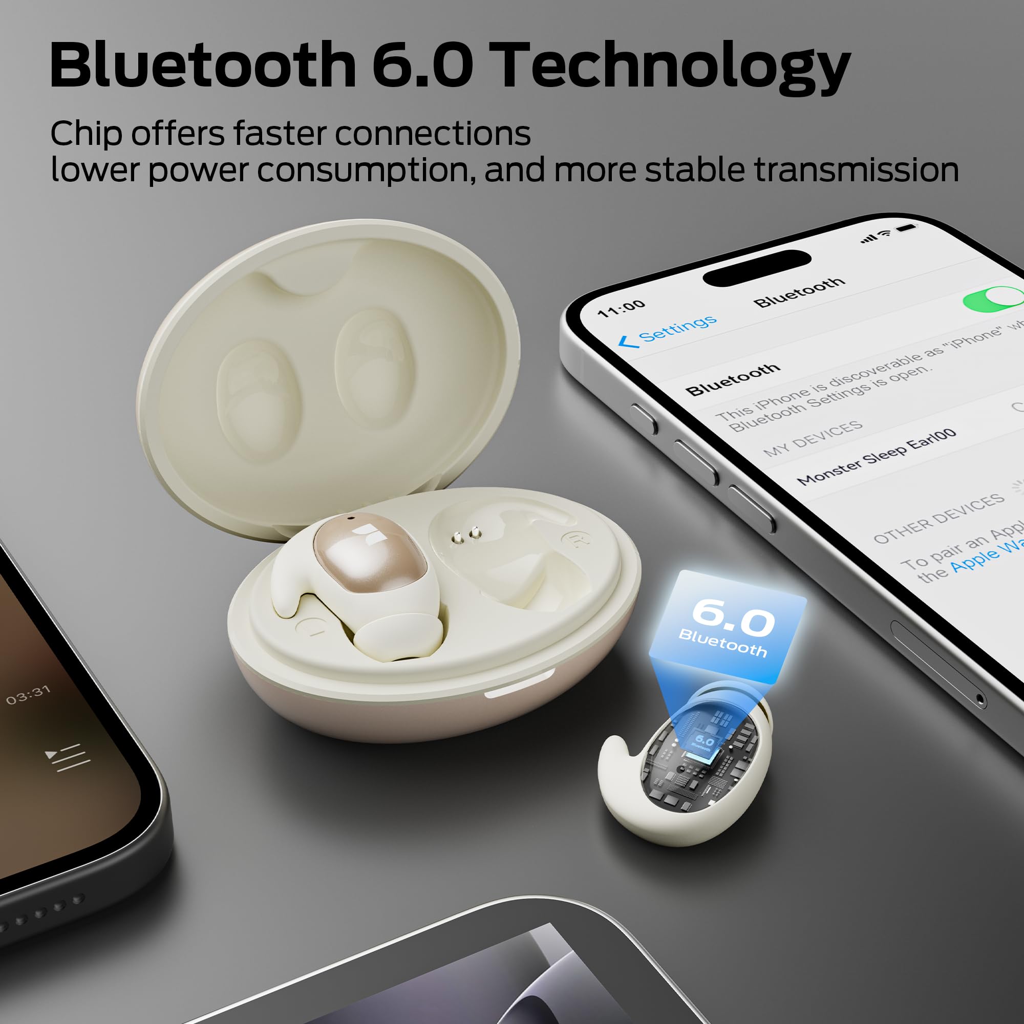 Condition photo showing New/Like New for monster sleep ear100 ear buds, sleep earbuds with stereo sound, design for side sleepoth 6.0, enc no