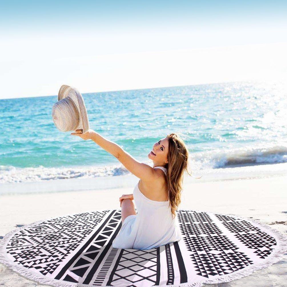 Round Beach Towel Tassel Decor, Microfiber Circular Fringed Tapestry, Hippy Boho Gypsy Wall Hanging Tablecloth Picnic Blanket 150*150cm (Black and white geometry)