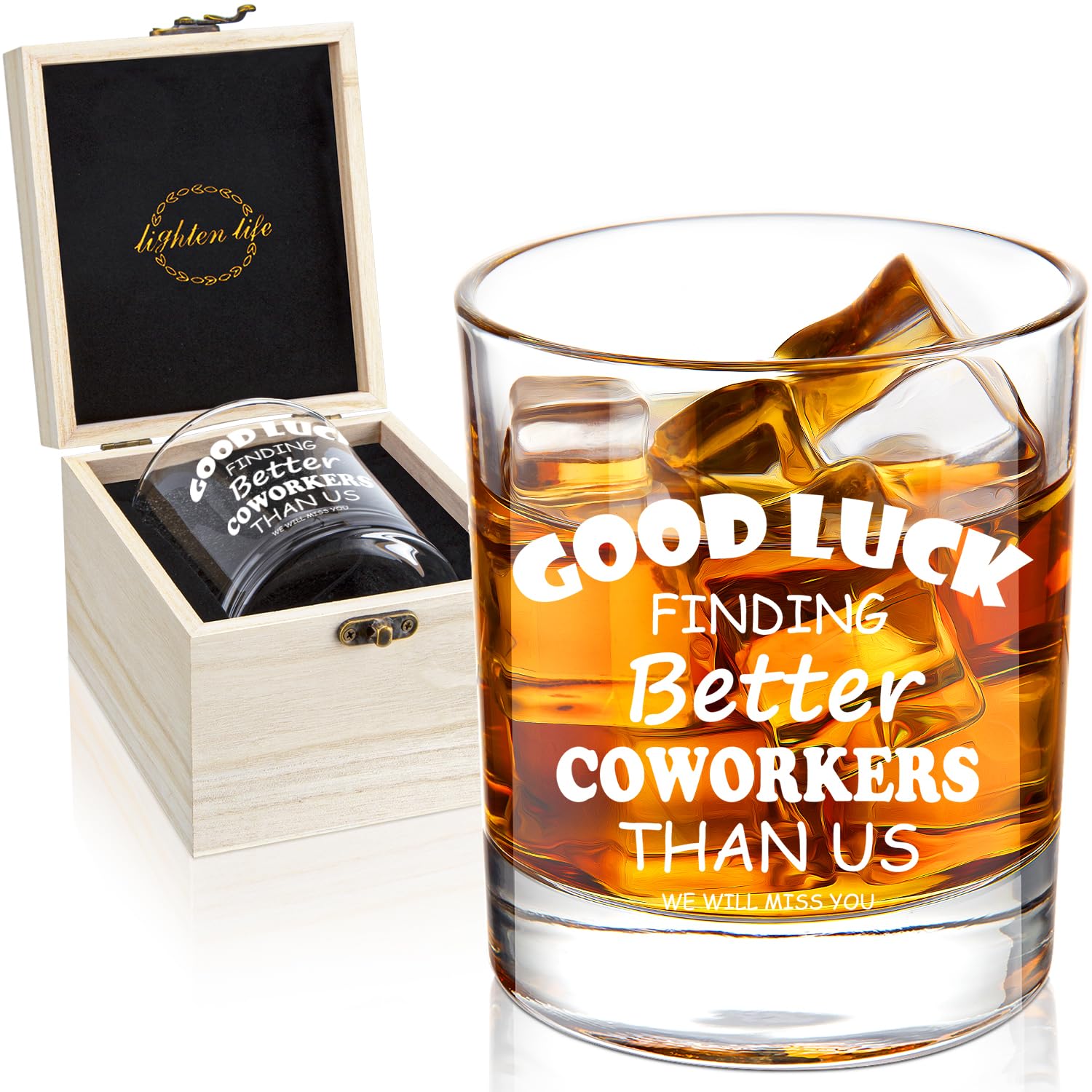 LIGHTEN LIFE Good Luck Finding Better Coworkers Than Us Whiskey Glass 340ml,Novelty Coworker Leaving Gift in Valued Wooden Box,Farewell Gift for Coworker Boss Colleague Friend Men