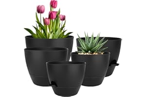 QRRICA Plant Pots 10/9/8/7.5/7 Inch Self Watering Pots, Set of 5 Plastic Planters with Drainage Holes and Saucers,Plastic Flower Pots,Nursery Planting Pot for Indoor Out Door Plants（Pure Black）