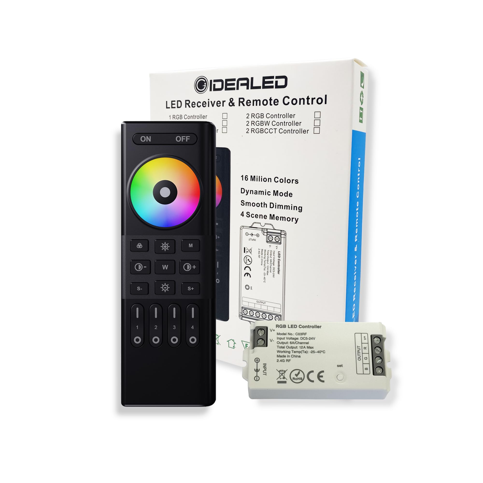 GIDEALED RGB LED Controller with RF Remote Control,2.4GHz Wireless LED Controller+4 Zone Remote Control Kit Group Control 4 Wire DC5V DC12V DC24V RGB LED Strip Light Dimming Change Color