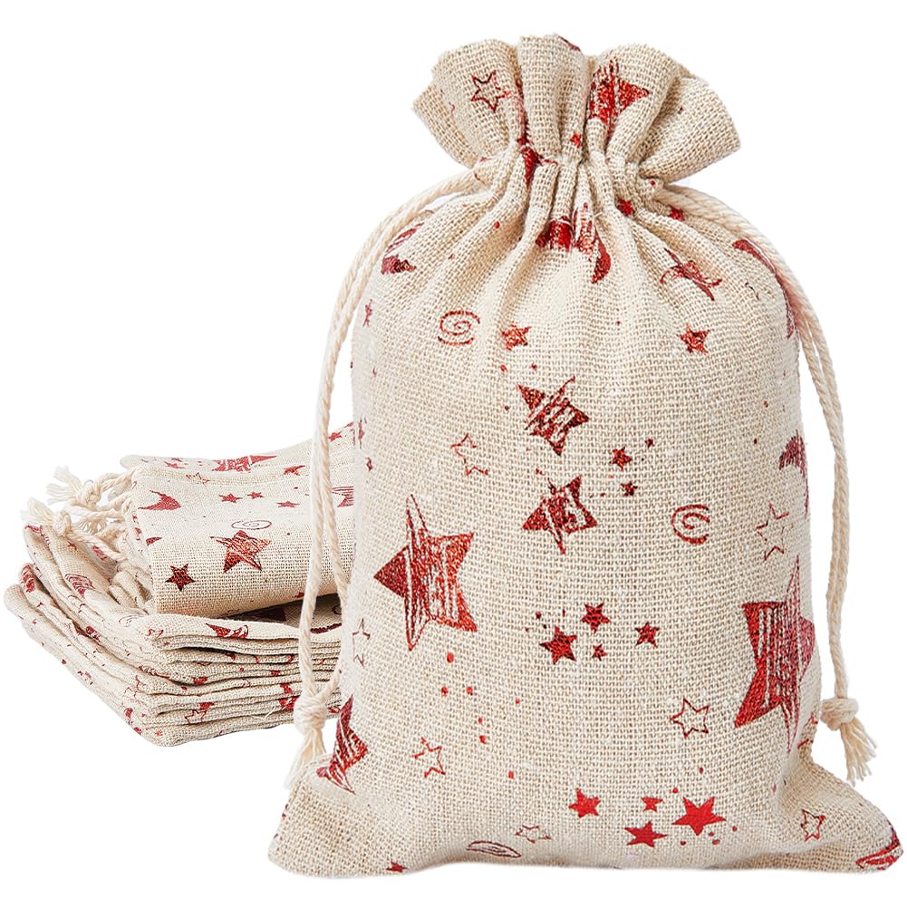 GORGECRAFT 12-Pack Reusable Jute Burlap Canvas Gift Bags 180mm*130mm Christmas Cloth Star Print Storage Pouches Rectangle Drawstring Bags for Candy Gift Bags Presents Party Favors Retail Samples