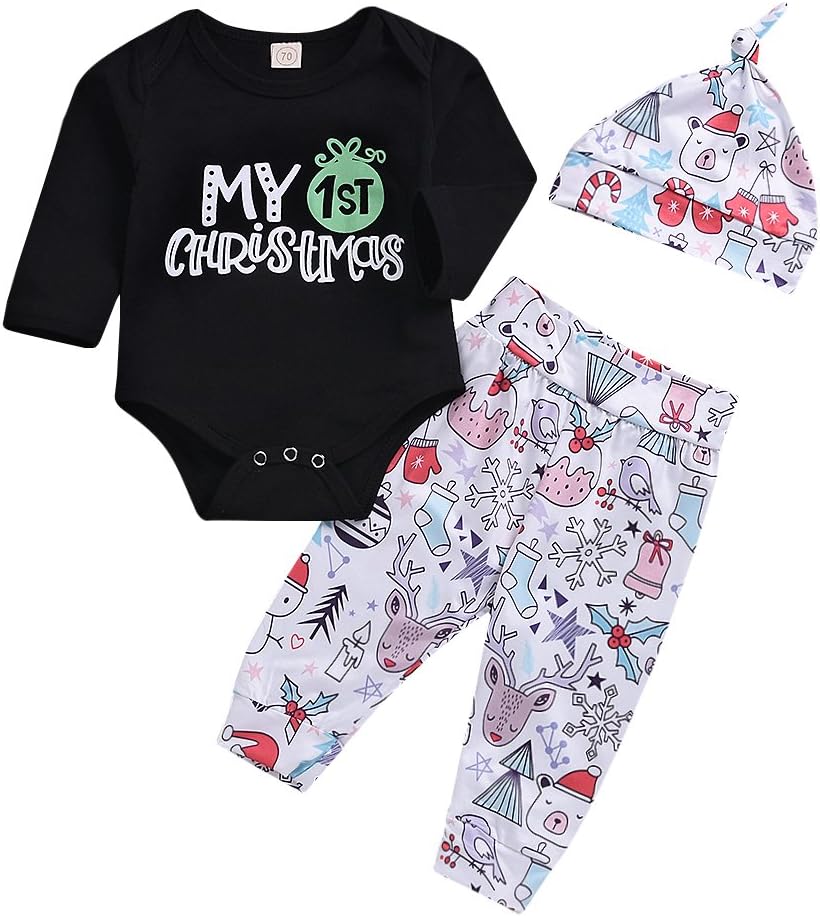 INHoney My First Christmas Romper + Santa Pants Long Sleeve Bodysuit + Snowman Pants + Hat