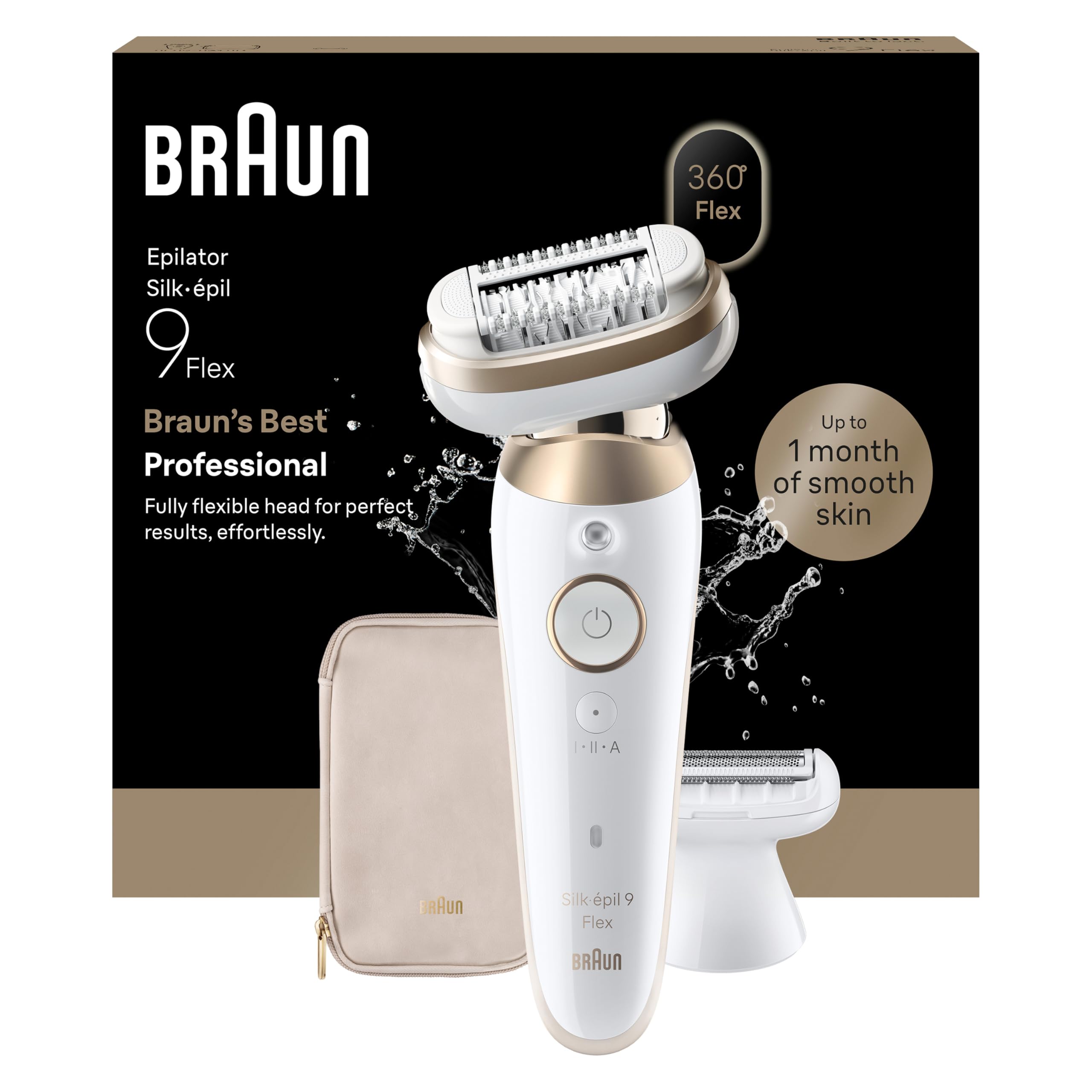 Braun Epilateur Electrique Femme Silk·épil 9 Flex, Or, Etanche, Tête Flexible A 360° Pour Epilation Facile, Coffret Comprend Sabot Tondeuse, Tête De Rasage, Brosse De Nettoyage, Pochette, 9-041 3D