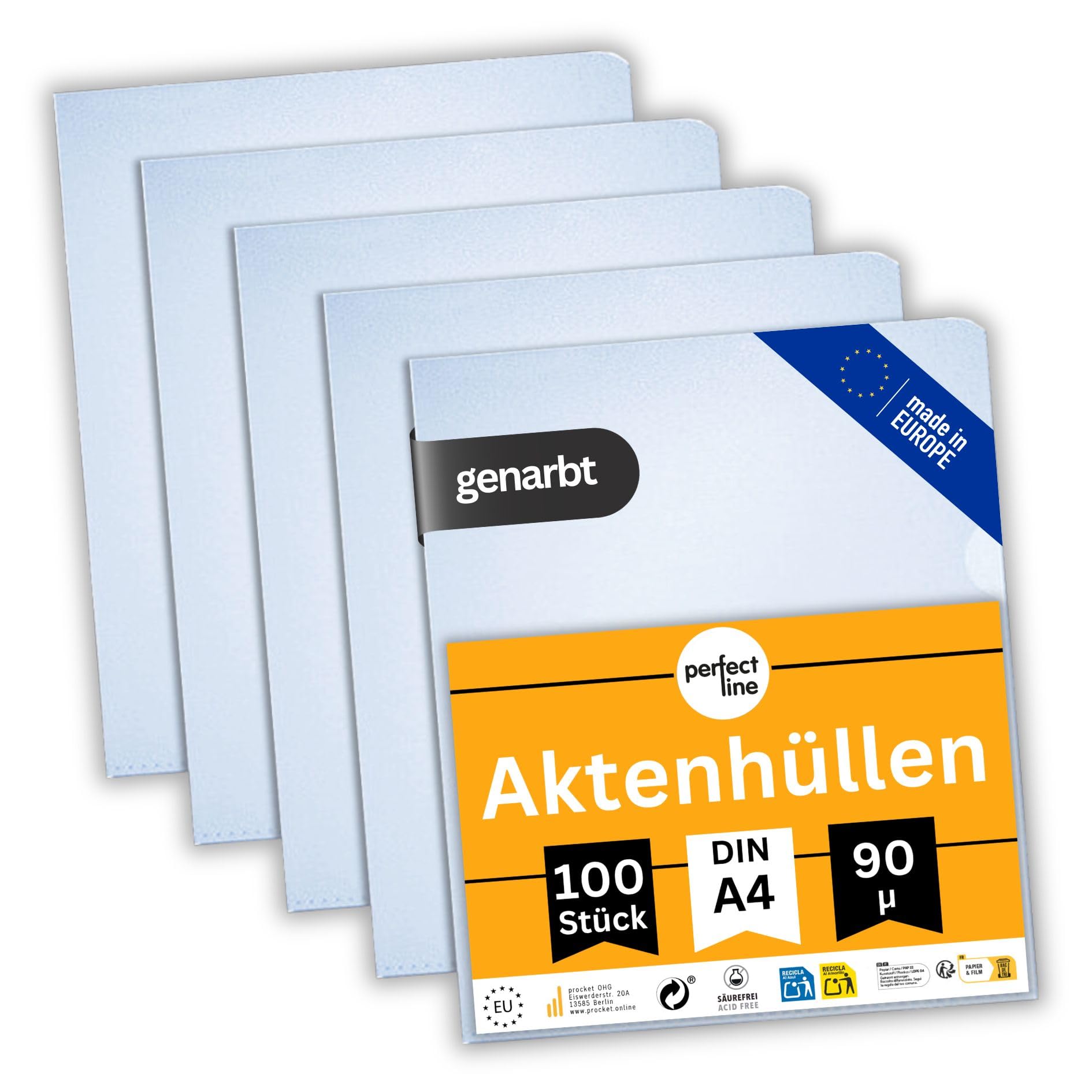 perfect line 100 Plastic folders A4, A4 Plastic Sleeves, Plastic Sleeves for A4 Paper, A4 Clear Plastic Sleeves, DIN-A4 Clear folders, Transparent, Grained, Document-Proof, Made in EU