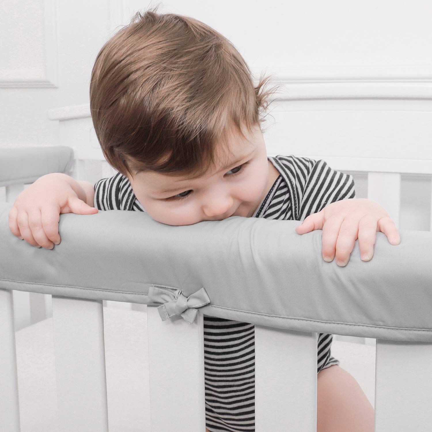 TILLYOU 3-Piece Padded Baby Crib Rail Cover Protector Set from Chewing, Safe Teething Guard Wrap for Standard Cribs, 100% Silky Soft Microfiber Polyester, Fits Side and Front Rails, Pale Gray: Baby