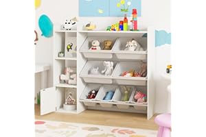 Costzon Kids Toy Storage and Bookshelf, Wooden Bookcase w/ 4 Small Boxes & 4 Large Boxes, Open Shelves & Single-Door Cabinet,
