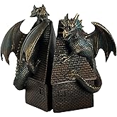 Bellaa 28670 Decorative Bookend Dragon Bookshelves Decor Heavy Duty Non Skid Vintage Antiques Classic European Medieval Aesthetic Winged Guardian Protect Prosper Peace