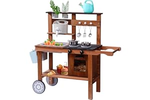 ROBUD Mud Kitchen for Kids Outdoor with Wheels, Wooden Outdoor Play Kitchen, Kids Mud Kitchen with Removable Sink & Faucet, M