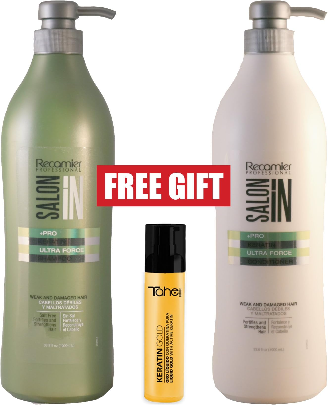 RECAMIER Professional Salon In Keratin Ultra Force Shampoo 1000ml + Conditioner 1000ml + TAHE KERATIN GOLD SERUM 30ml