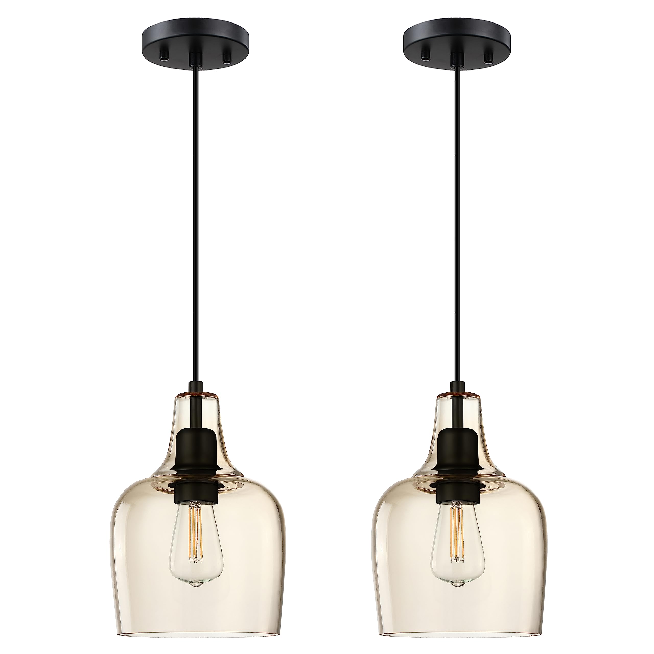 Photo 1 of Dolaimi House 1 Light Hanging Indoor Kitchen Island Pendant Light 6.1" Glass Pendant Ceiling Light Fixtures Black Finish Modern Farmhouse Dinning Over Sink (Amber Glass, 2 Pack)