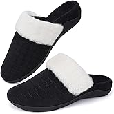 ERGOfoot Orthopedic Slippers for Women, Fuzzy Slipper with Arch Support Bedroom Shoes for Plantar Fasciitis, Slip On Scuffs with Indoor Outdoor Anti-Skid Rubber Sole/Black W9