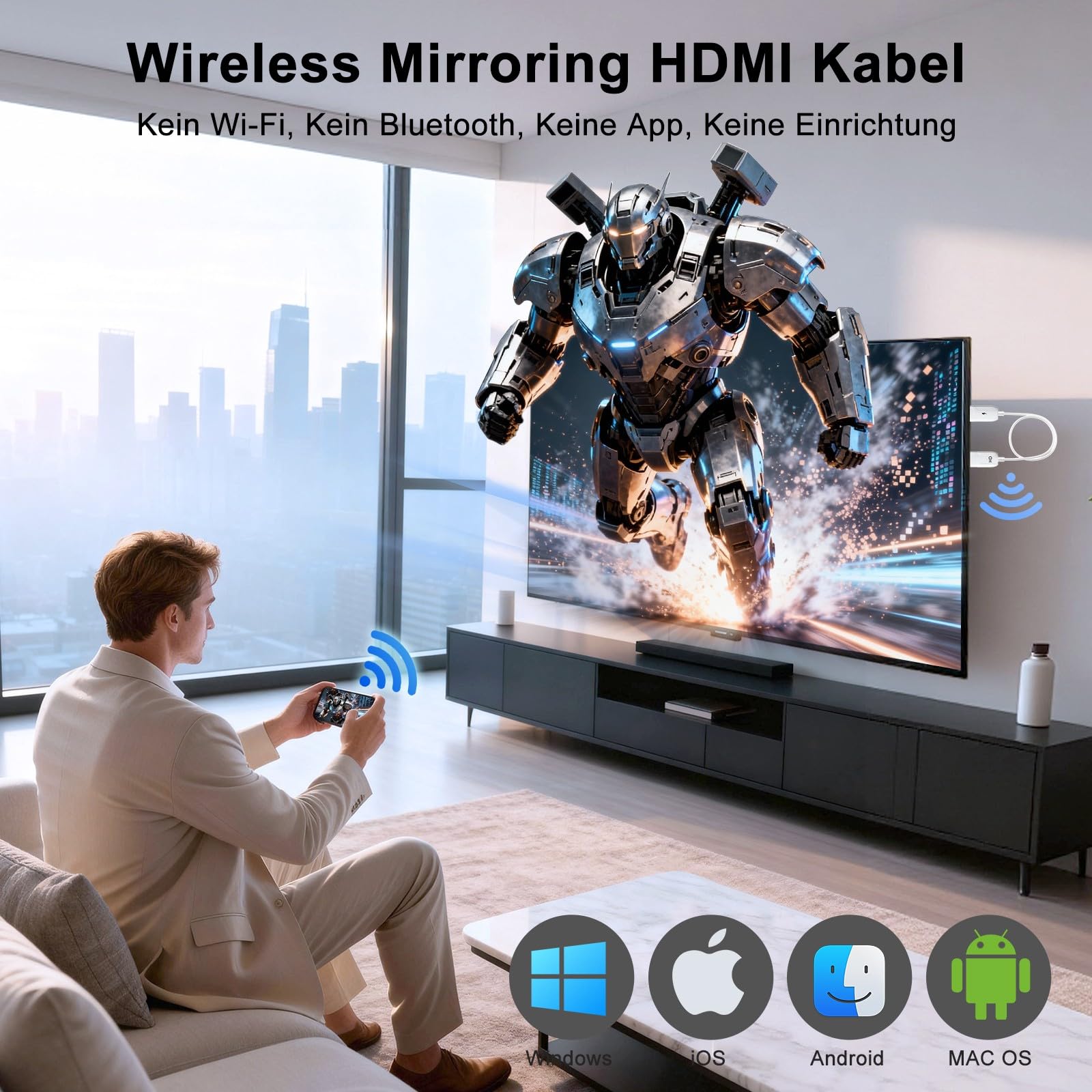 Wireless HDMI-Display-Adapter, 4K-Dekodierung 1080P@60Hz Bildschirmspiegelungskabel, Plug-and-Play ohne WLAN/App/Bluetooth, 5G AirPlay Miracast Dongle für iPhone Android PC auf TV Projektor Monitor 2