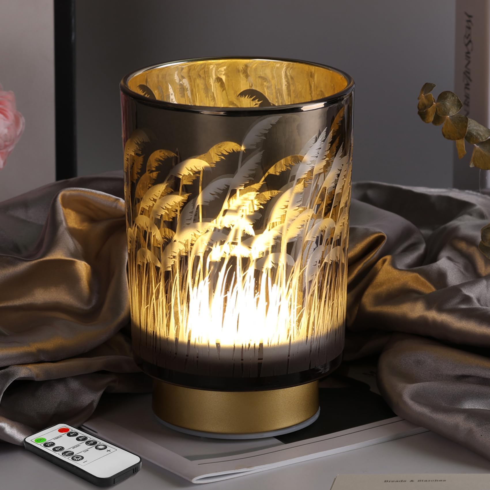 Photo 1 of (see images) Eywamage Small Battery Operated Table Lamp with Remote Timer, Pampas Glass Cordless Accent Lamp for Bedroom Kitchen Living Room