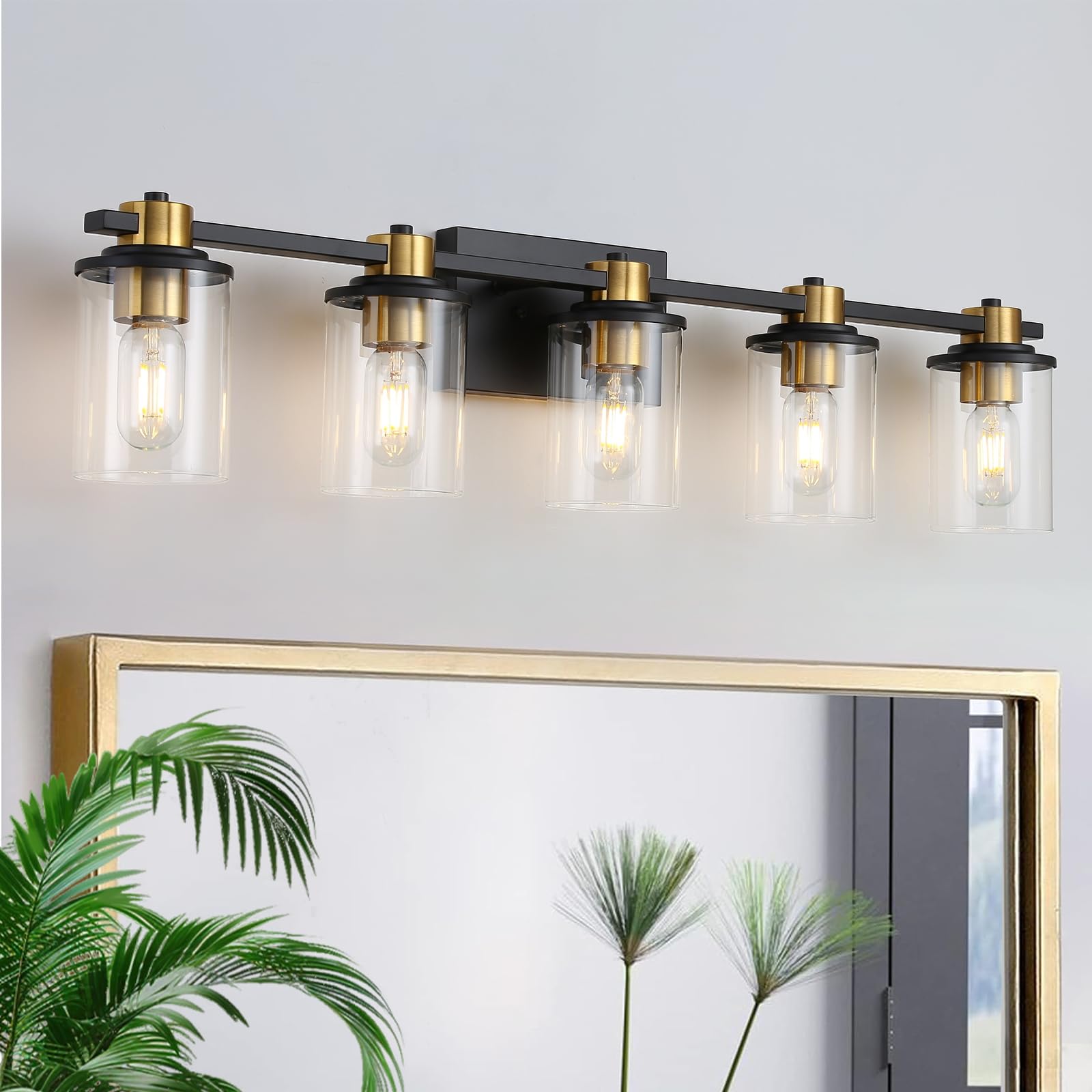 Photo 1 of ***DENT*** 
LOUSACE Bathroom Lighting Fixtures Black and Gold 5 Light Bathroom Vanity Light Over Mirror with Clear Glass Shades, Brushed Gold Socket Wall Vanity Lighting Fixtures for Bedroom Living Room