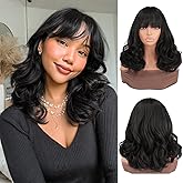 Sidaila Bob Curly Wig With Bangs,14 Inch Shoulder Length Synthetic Heat Resistant Body Wave Wig,Women's Layered Natural Looking Short Wigs for Daily Party Use - Black