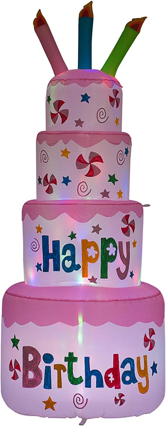 AJY 6 Feet Tall Cute Inflatable Happy Birthday Cake with Candle Blow Up Indoor Outdoor Yard Lawn Decoration: Garden & Outdoor