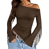 APRROOT Fringe Western Tops for Women Country Concert Outfits Long Sleeve Cowgirl Shirt One Shoulder Tassels Asymmetrical Top
