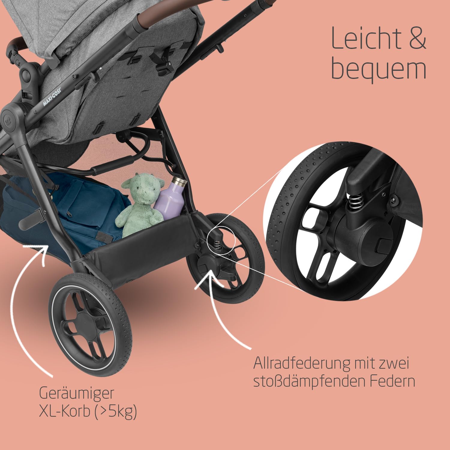 Maxi-Cosi Zelia S Trio Kinderwagen 3 in 1 Komplettset, 0-4 Jahre, bis 22 kg, Zusammenklappbar, Kompakt, Verstellbarer Baby Kinderwagen, mit CabrioFix S i-Size Babyschale, Zubehör, Wickeltasche, Grau 4